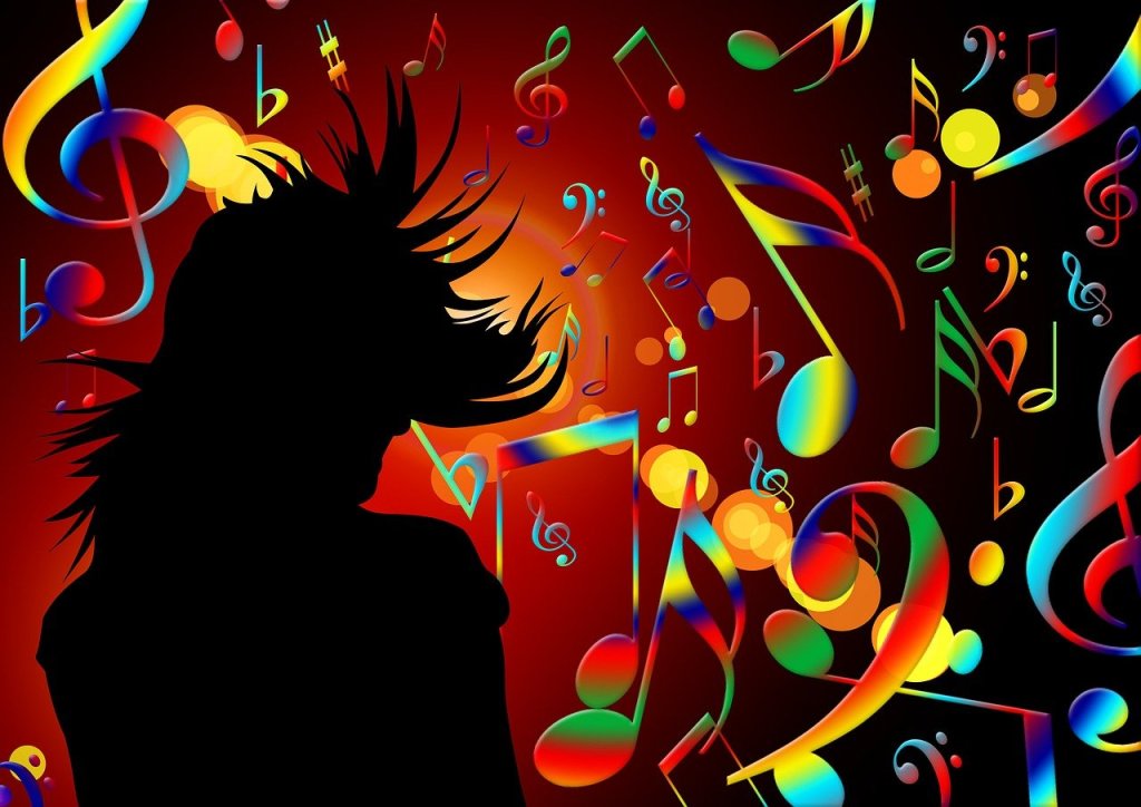 a silhouette of a person with hair flying like they're head banging, with music symbols in the background, including treble clefs, bass clefs, sharp symbols, flat symbols, and music notes.
