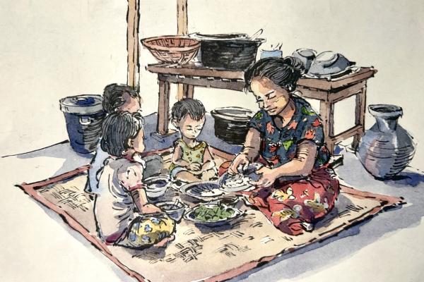Three children sitting on a mat while their mother serves food from a bowl.