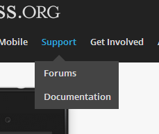 A picture of the WordPress.org homepage, with the "Support" link opened up and the links for Forums and Documentation displayed