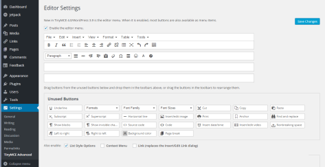 TinyMCE Advanced Settings to allow modification to the visual editor toolbar.