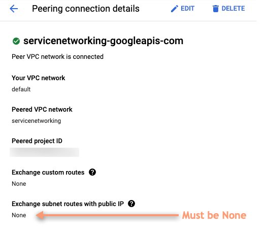 Visualizza i dettagli della connessione di peering nella console Cloud.