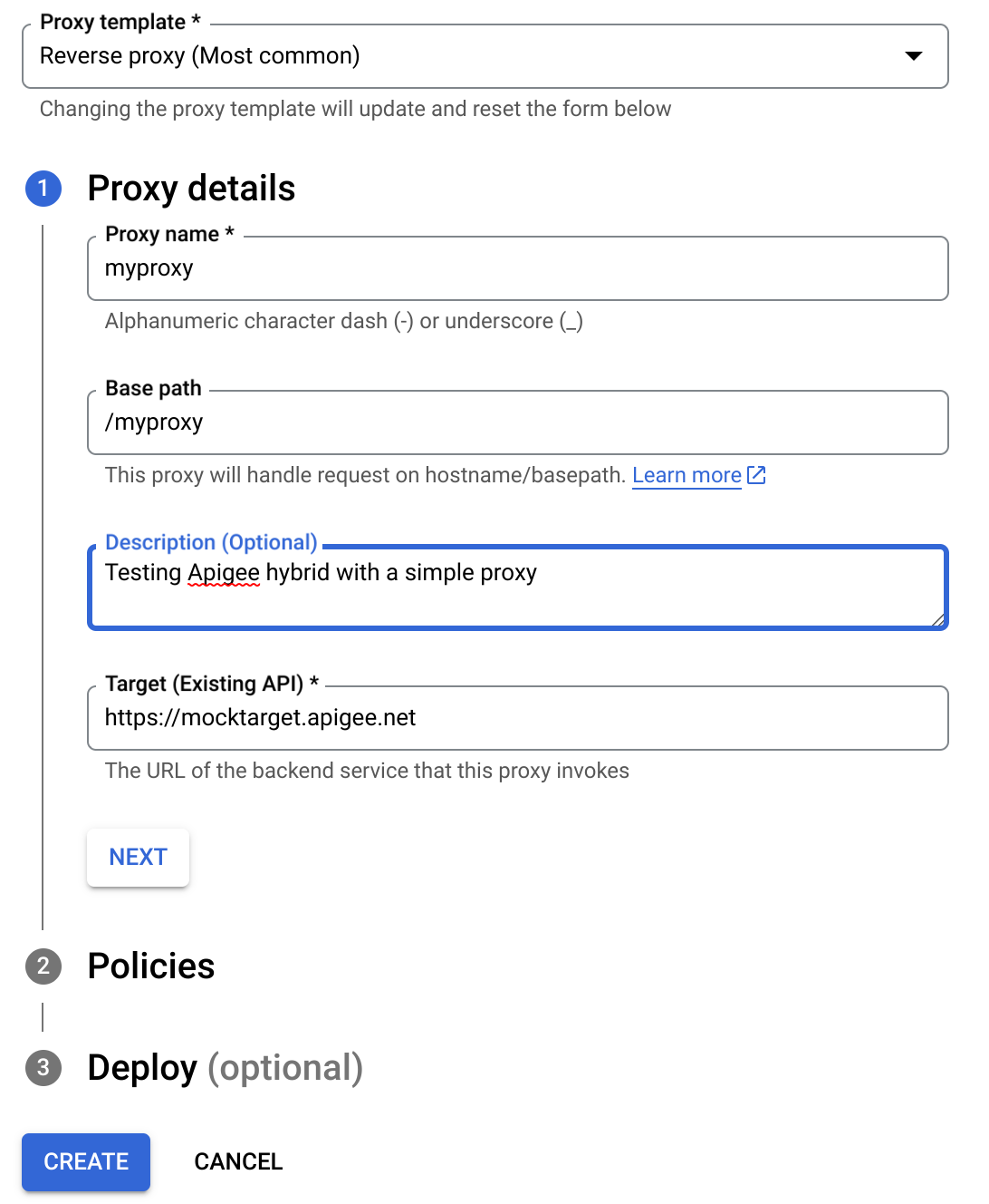 建立 Proxy 精靈中的 Proxy 詳細資料。