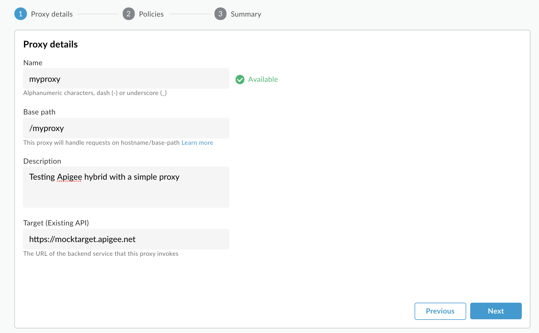 「建立 Proxy」精靈中的 Proxy 詳細資料。