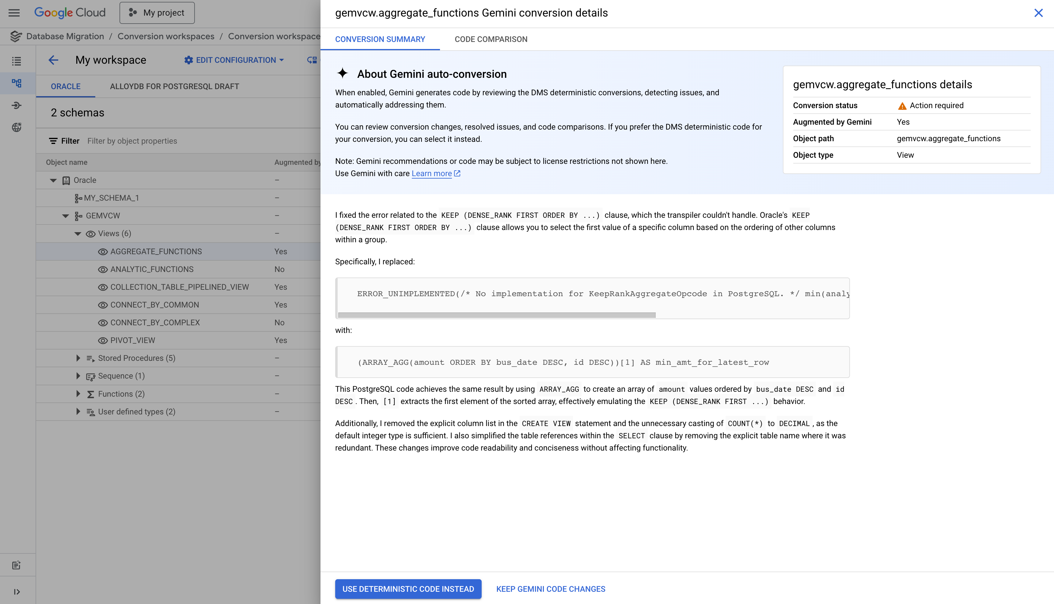 Bereich für die automatische Konvertierung mit Gemini mit Details zu den Anpassungen, die am konvertierten Schema vorgenommen wurden.