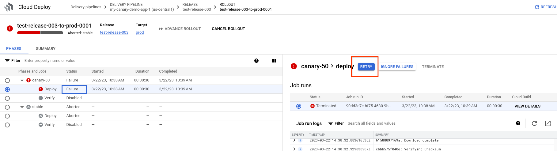  Google Cloud 控制台中的发布作业详情
