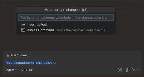 Screenshot of the Chat view, showing an MCP prompt invocation and a dialog asking for additional input parameters.
