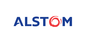 Alstom logo with blue text and a red circular design incorporated in the letter O.