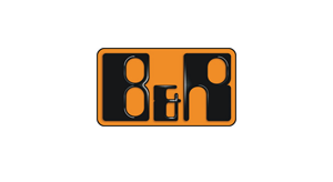 Orange and black B&R logo with stylized letters on a rectangular background.