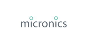The image shows the micronics logo with teal dots above the letters i and n.