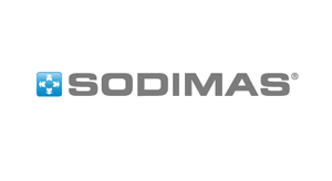 Logo of SODIMAS with blue emblem featuring white directional arrows on the left.
