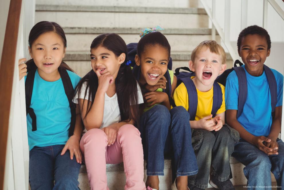 Happy pupils laughing and sitting on stairs_illustration