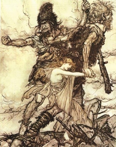 Disgusting giants capturing a damsel.