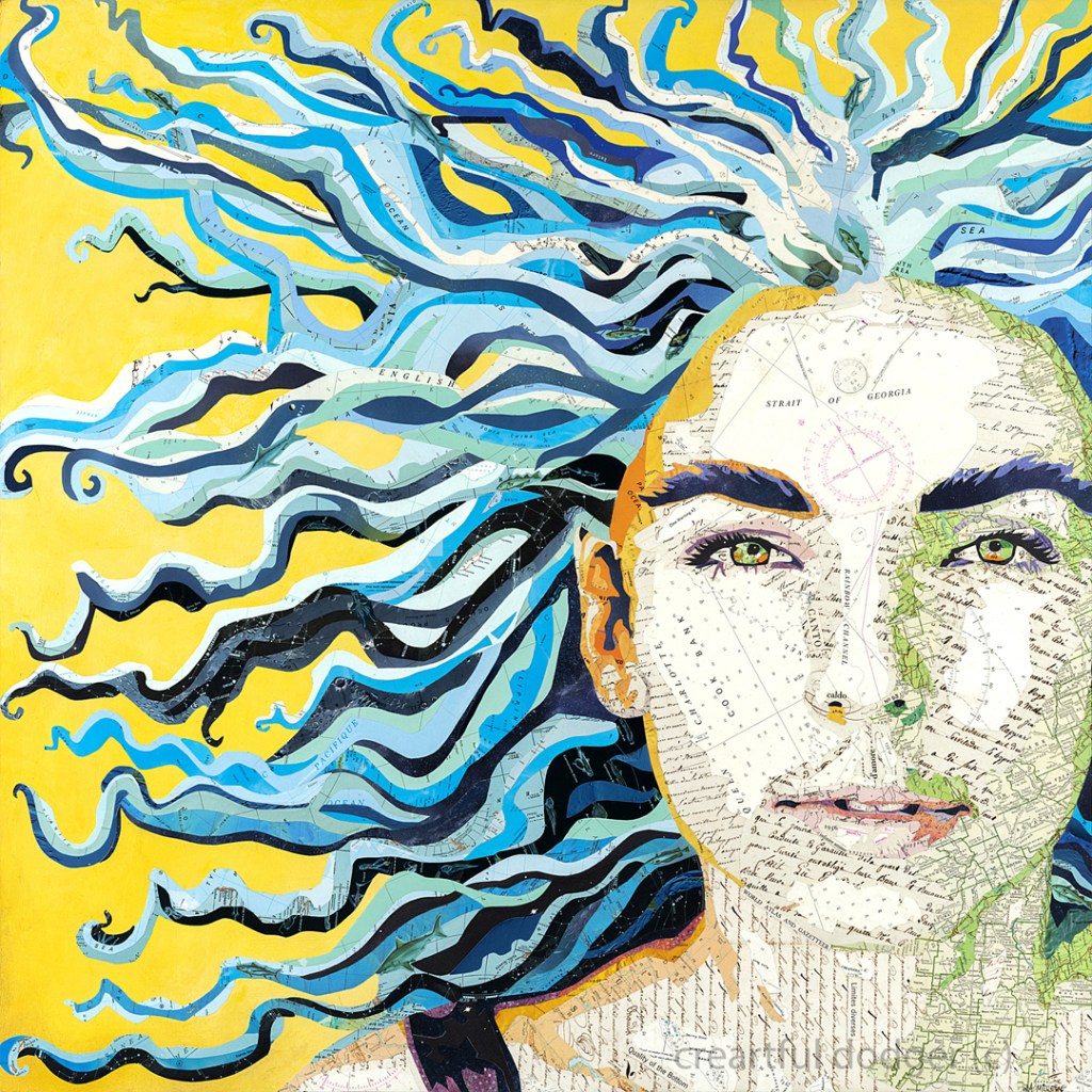 Collagemap art collage portrait Fluidité by Vancouver Island collage artist Wilma Millette