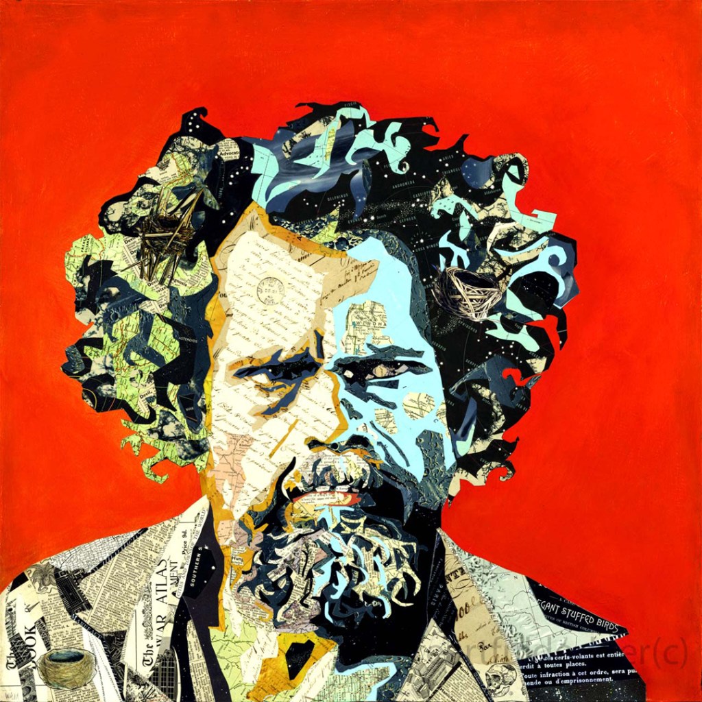 Un-housed Collage Art portrait by by Vancouver Island collage artist Wilma Millette