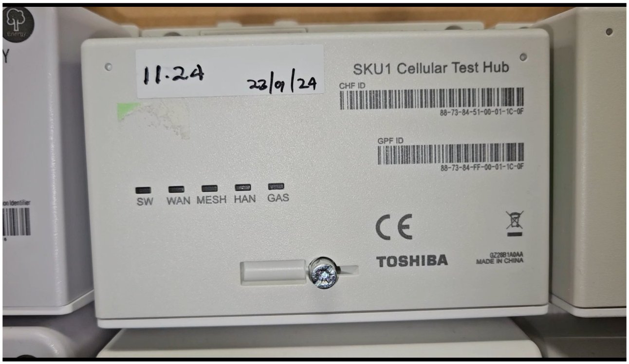 A typical Communications Hub, with LED indicators labeled SW, WAN, MESH, HAN, and GAS.