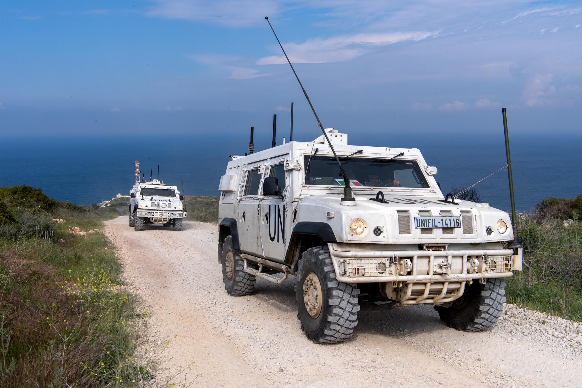 Peacekeepers serving with United Nations Interim Force In Lebanon (UNIFIL) patrol along the Blue Line between Ras Naqoura and Labounieh.