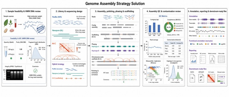 Genome assembly workflow with sequencing strategy and QC checkpoints