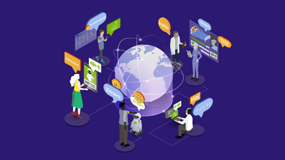 Speech AI Day promo asset, showing an illustration of several people from different countries standing around a globe saying hello in their language.