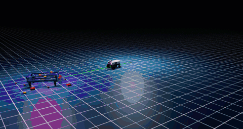 A gif showing a robot’s movement in a scene guided by a conditional trigger towards fallen objects.