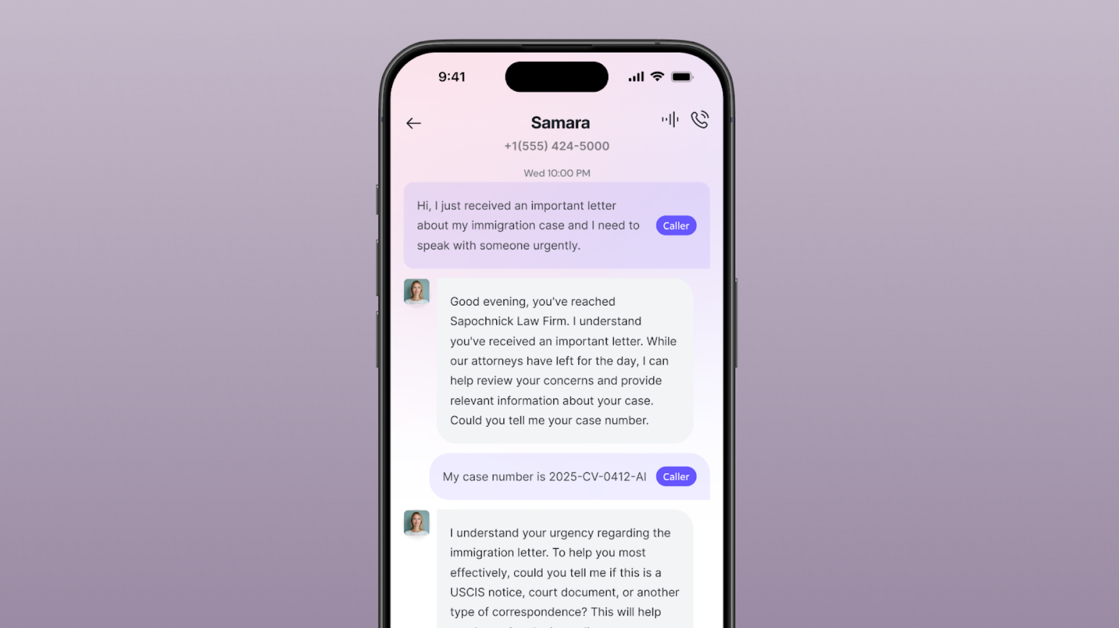 A smartphone conversation between a caller named Samara and an AI assistant for Sapochnick Law Firm. The conversation shows the caller mentioning an urgent immigration letter, providing case number 2025-CV-0412-AI, and the AI assistant asking follow-up questions about the type of correspondence (USCIS notice, court document, etc.) to provide better assistance.