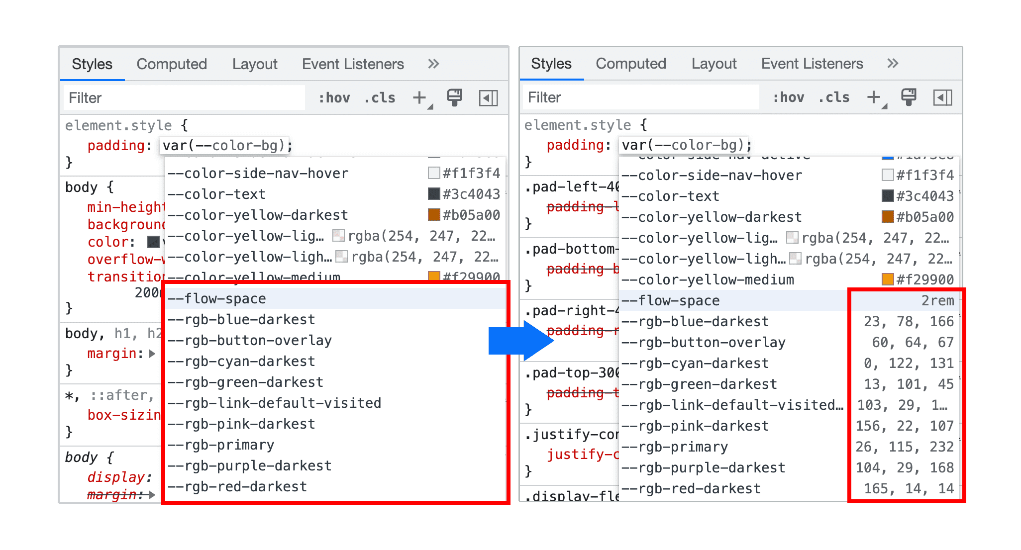 แสดงตัวอย่างค่าที่ไม่ใช่สีเมื่อเติมตัวแปร CSS โดยอัตโนมัติ