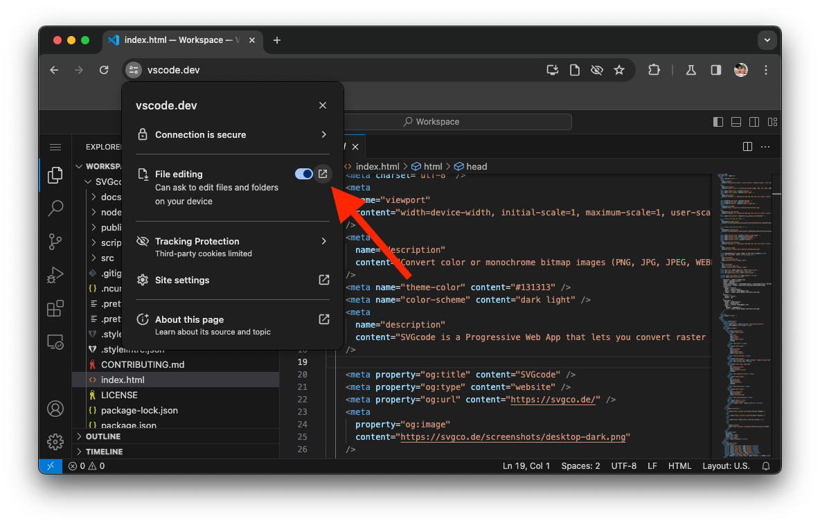 Ustawienia witryny Visual Studio Code z ikoną edycji pliku.