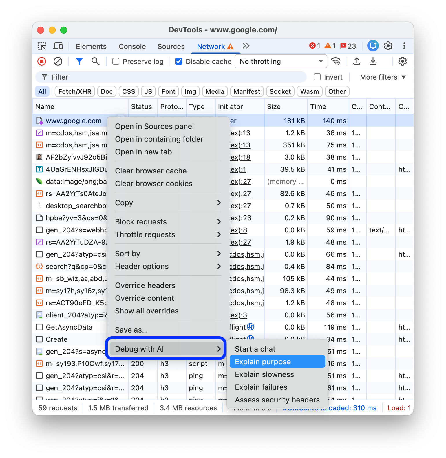 Opsi 'Debug dengan AI' di menu konteks elemen.