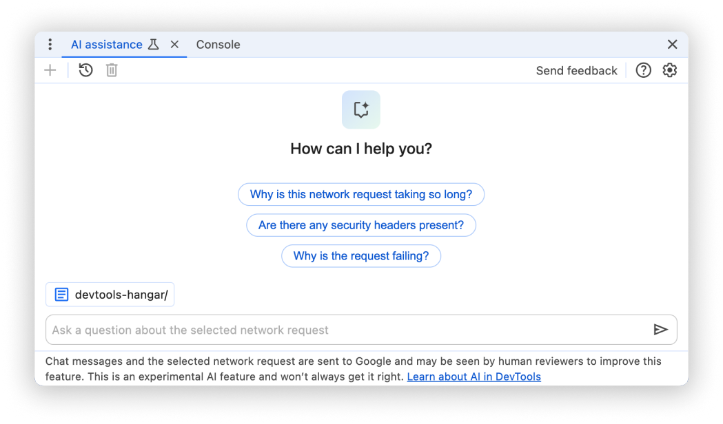AI 協助面板,其中範例提示已醒目顯示。