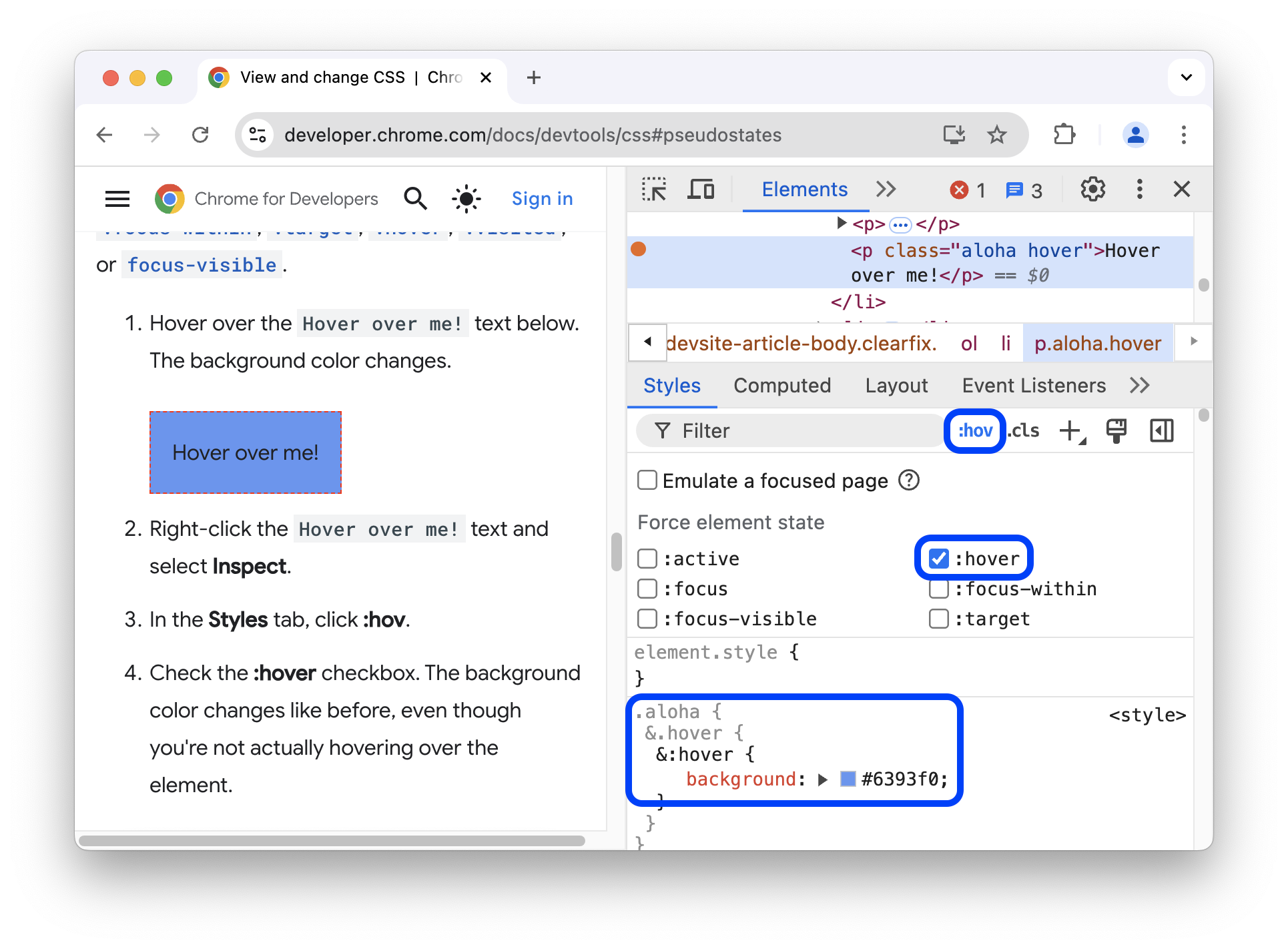 Den Pseudostatus „hover“ für ein Element ein- oder ausschalten.