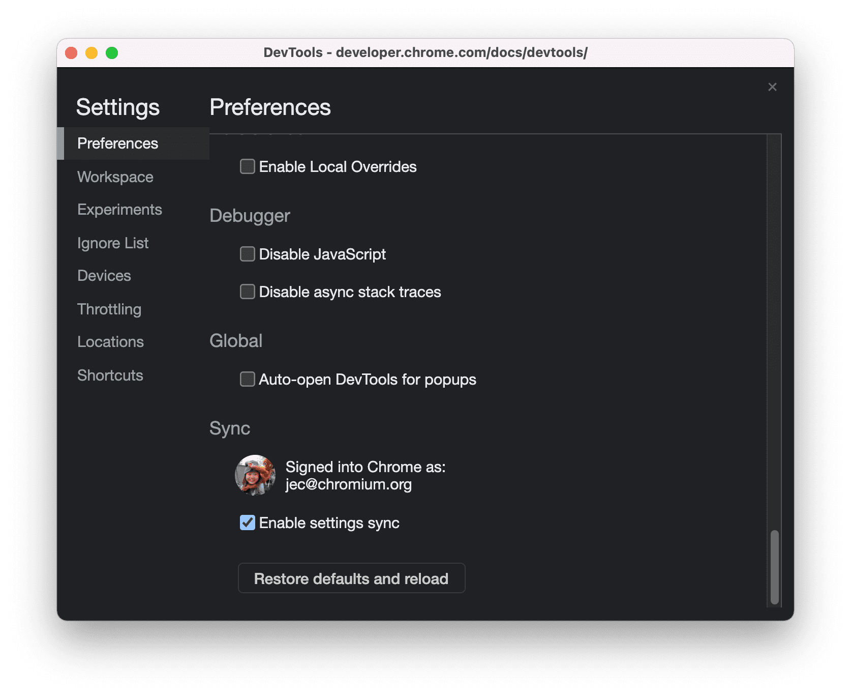 Ustawienia synchronizacji w Narzędziach deweloperskich