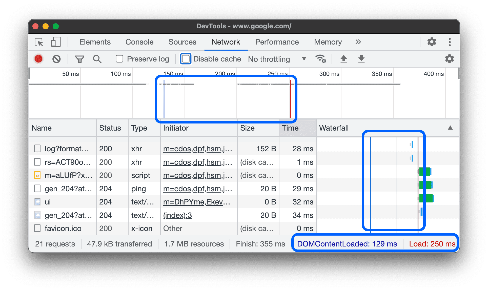 Os locais dos eventos DOMContentLoaded e load no painel "Rede".