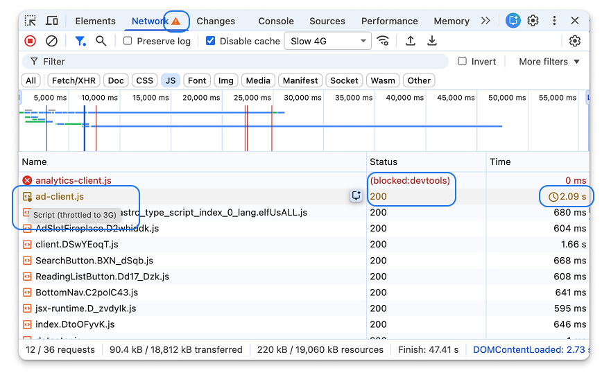Panel Jaringan di DevTools yang menampilkan indikator permintaan yang diblokir dan dibatasi.
