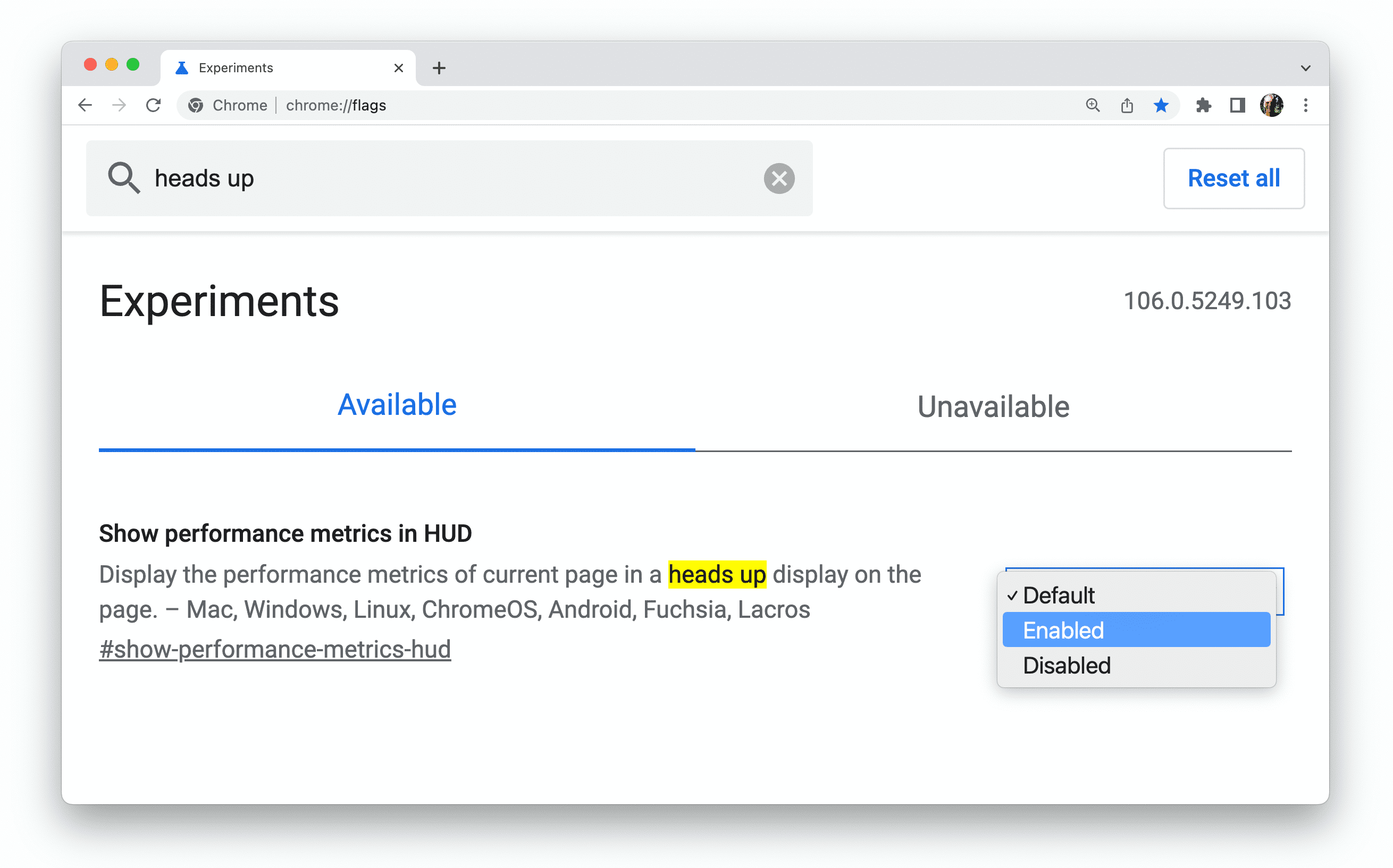 chrome://flags page с включенным флагом HUD.