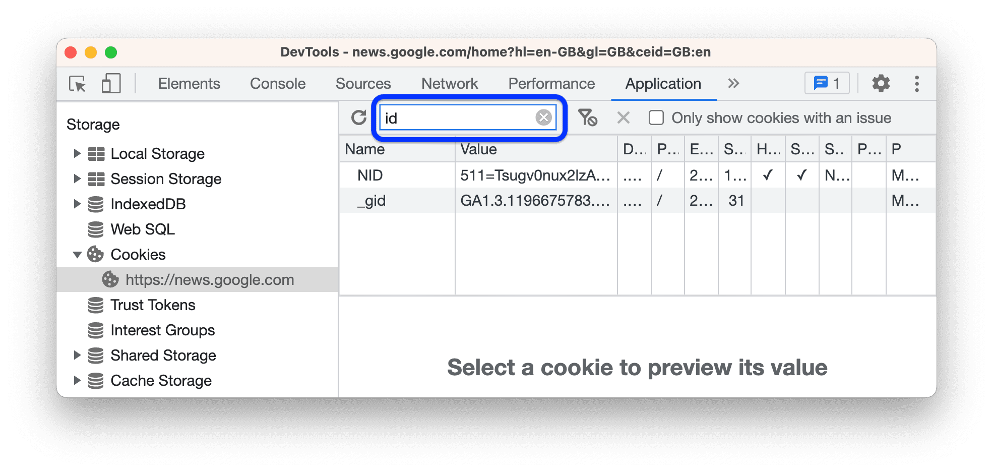 Eliminando i cookie che non contengono &quot;id&quot;.