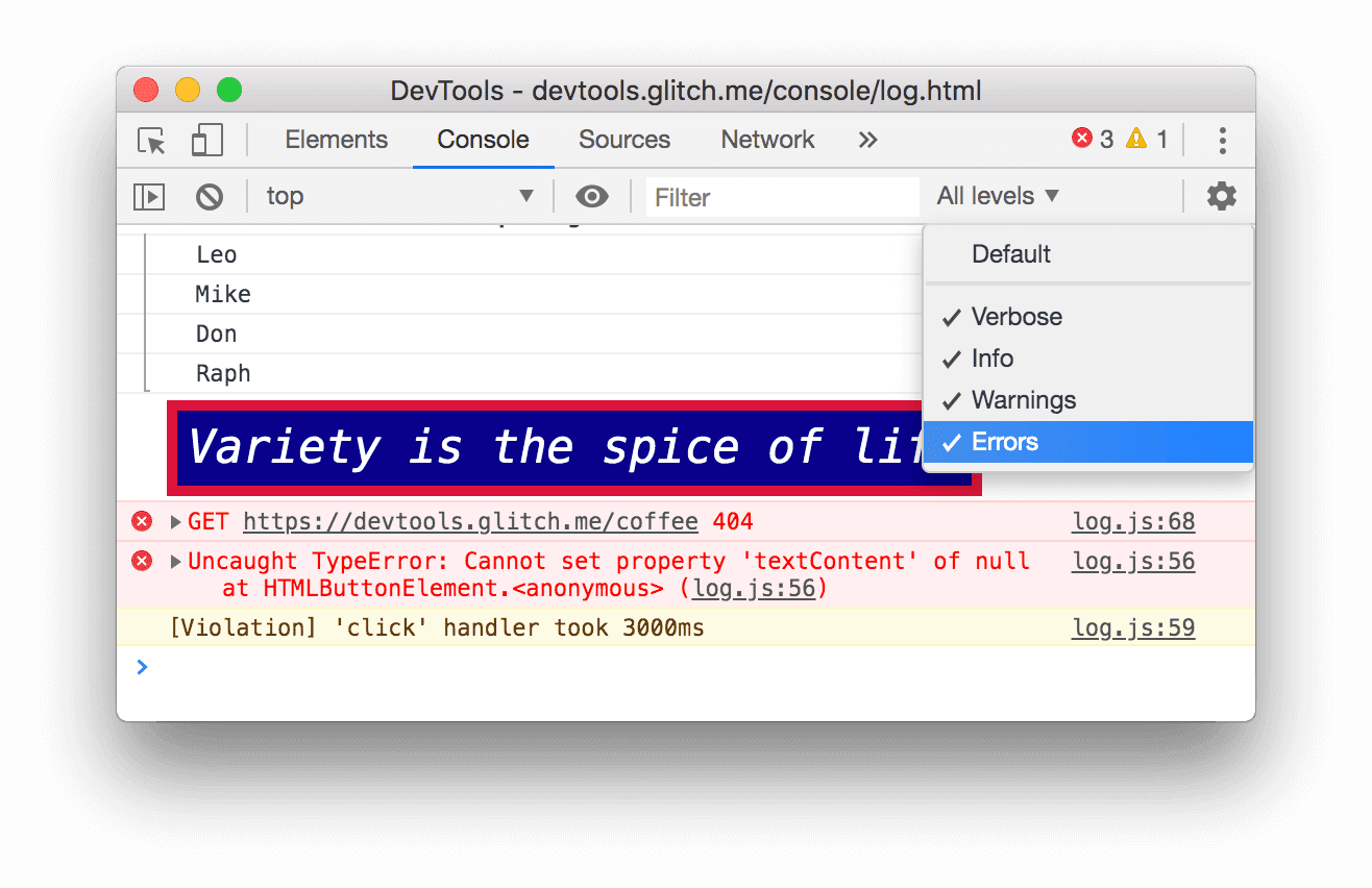 غیرفعال کردن پیامهای سطح خطا در کنسول.