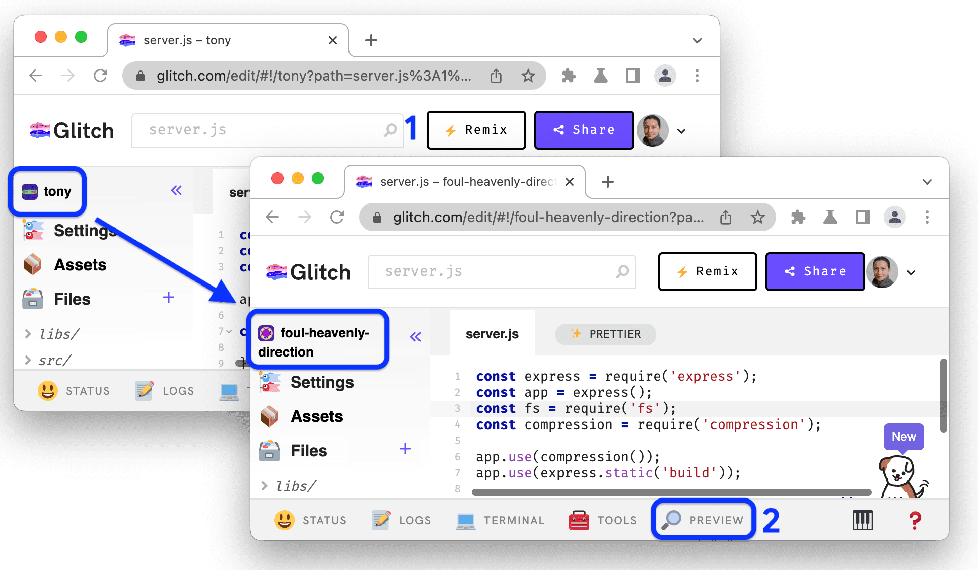 Die Originalquelle und der Editor-Tab nach dem Klicken auf „Remix“.