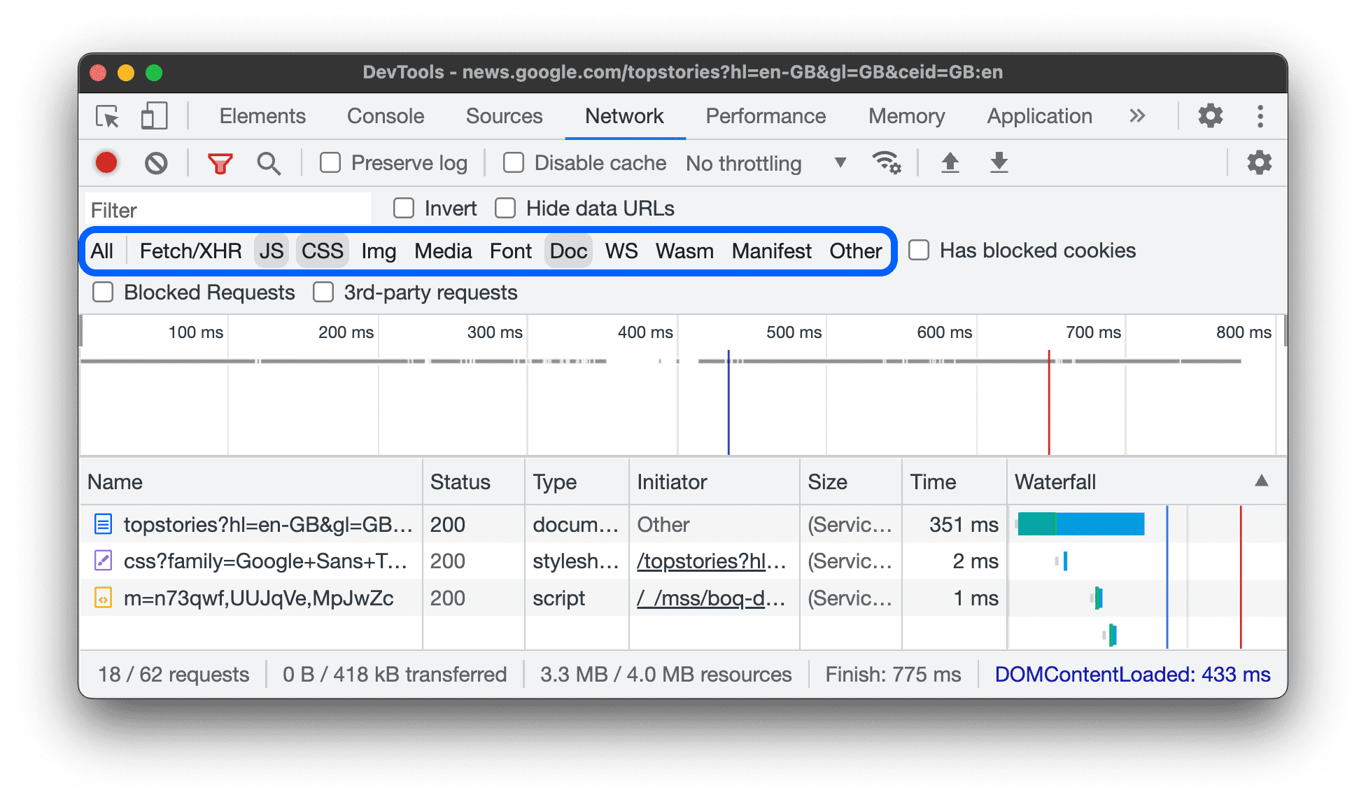 Menggunakan filter jenis untuk menampilkan resource CSS dan Dokumen.