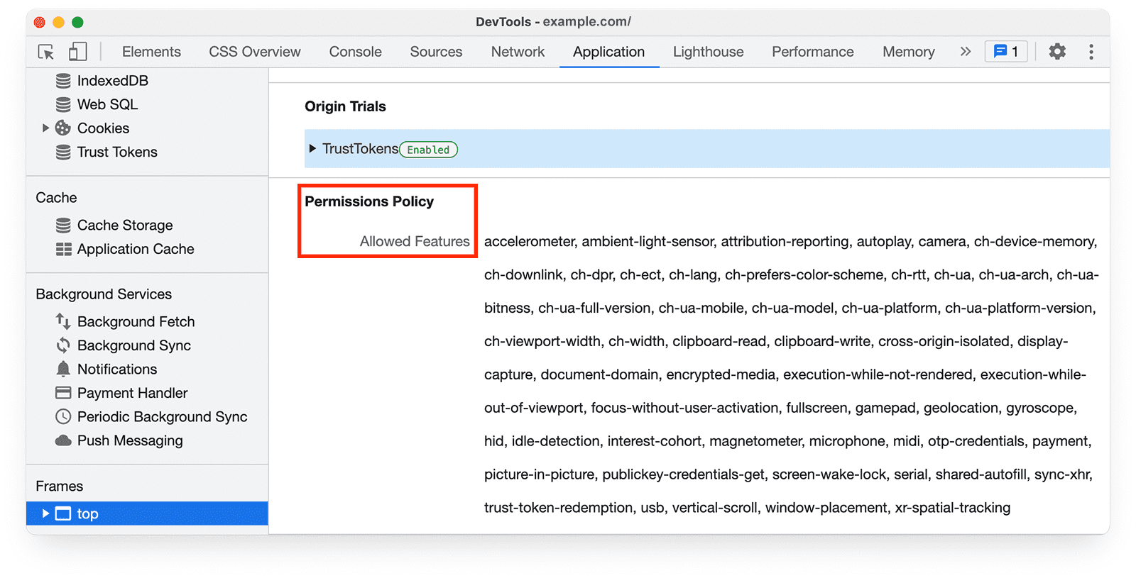 Panel aplikacji w Narzędziach deweloperskich Chrome, który pokazuje funkcję dozwoloną przez zasady dotyczące uprawnień