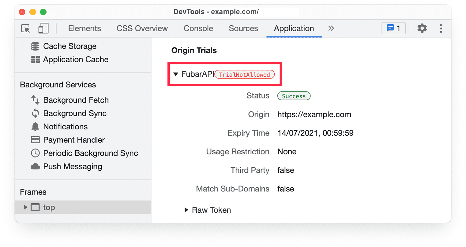 TrialNotAllowed uyarısını gösteren Uygulama panelindeki Chrome Geliştirici Araçları kaynak denemeleri bilgileri.