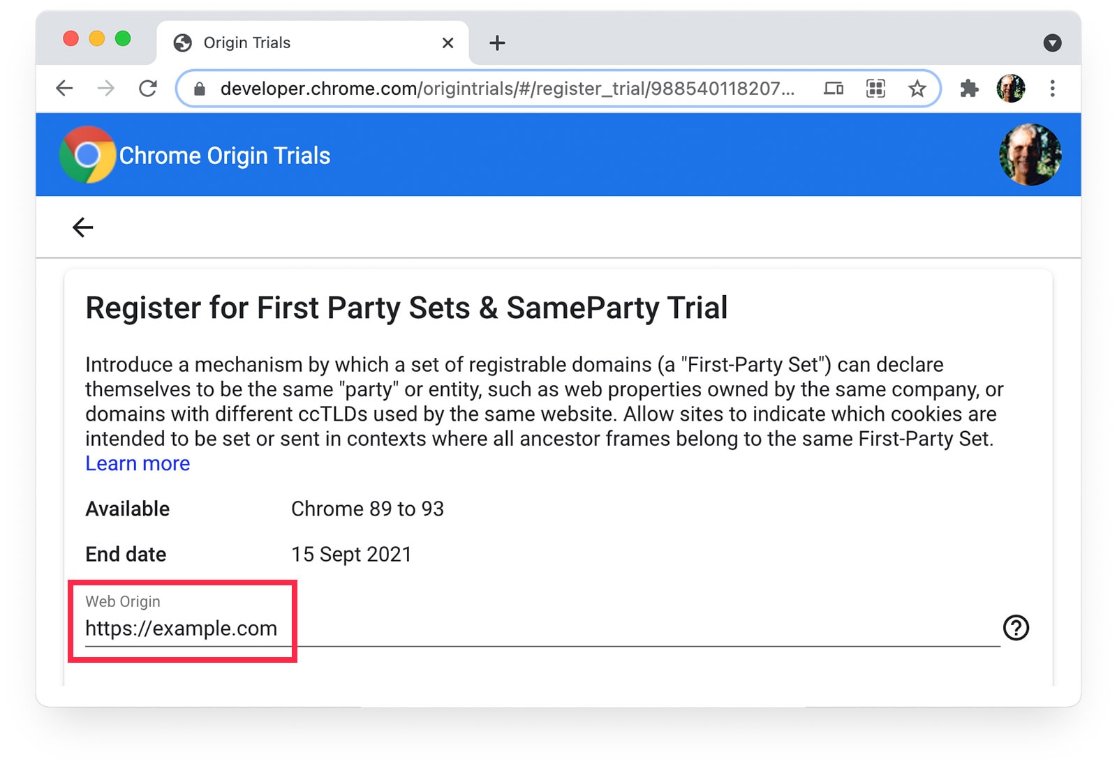 Pagina Prove dell&#39;origine di Chrome che mostra https://example.com selezionato come Origine web.