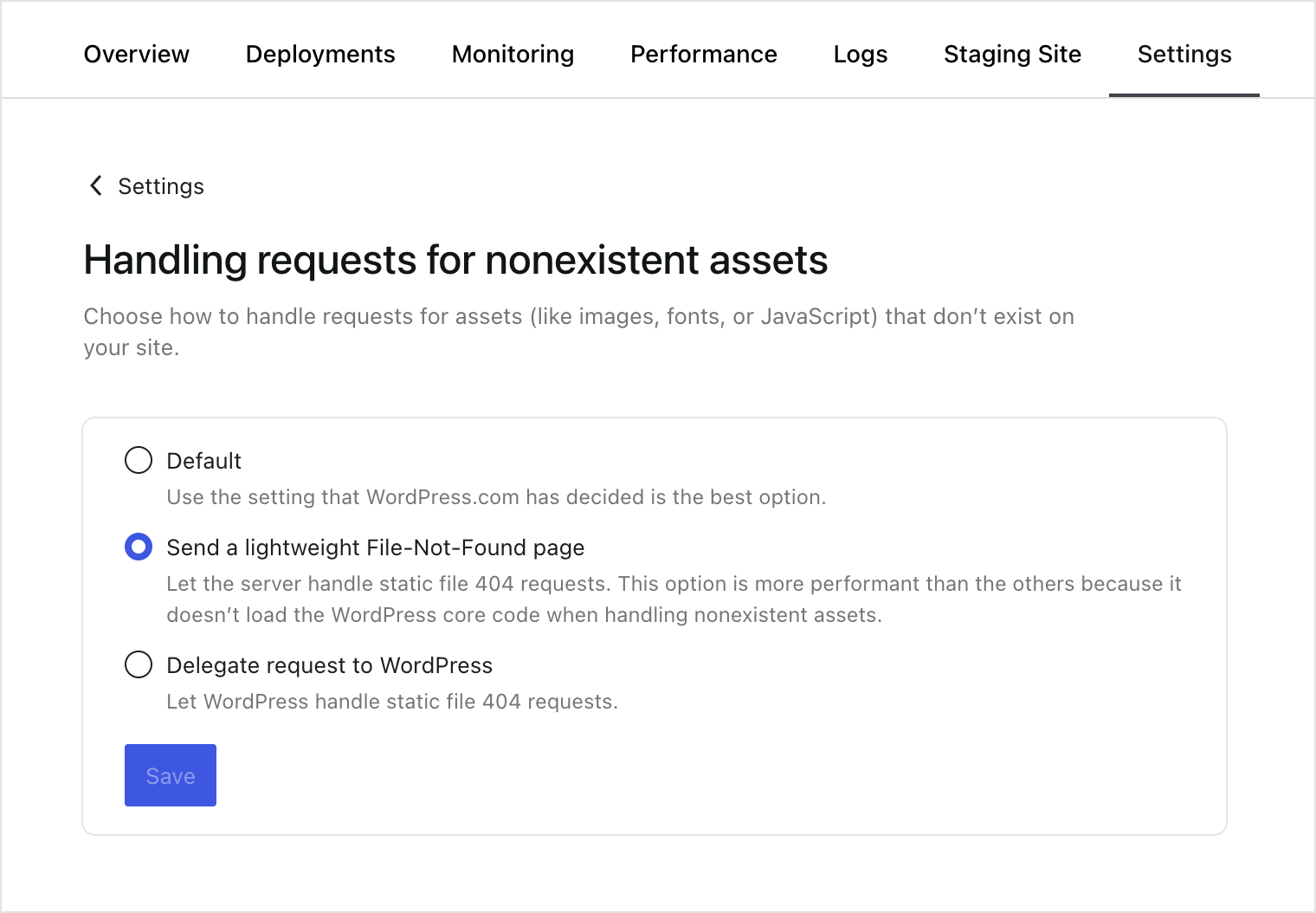Screenshot of drop down options for the 'Handling requests for nonexistent assets' option.