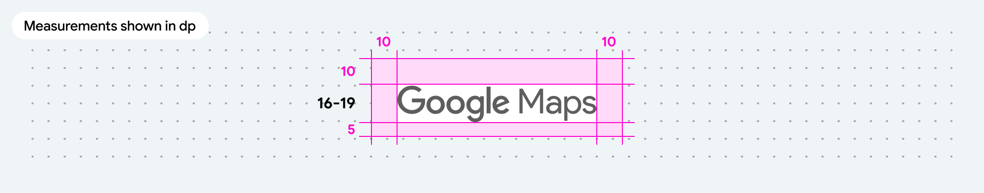 Biểu trưng Google Maps cho thấy khoảng trống tối thiểu và phạm vi kích thước được chấp nhận