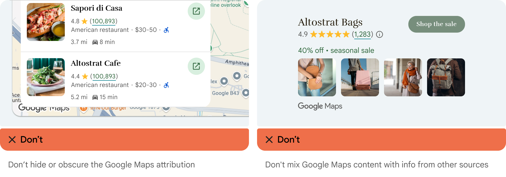 Die Quellenangabe für Google Maps darf nicht verdeckt oder mit Inhalten aus anderen Quellen vermischt werden.