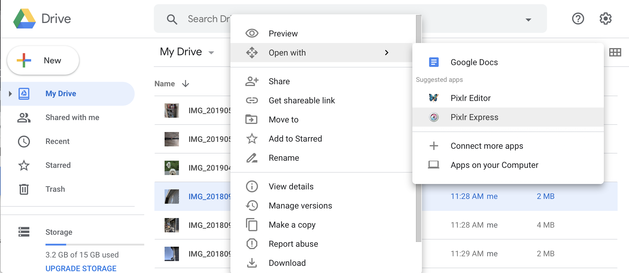 عنصر قائمة &quot;الفتح باستخدام&quot; في واجهة مستخدم Google Drive