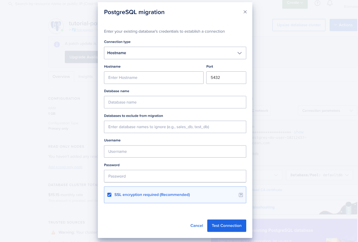 PostgreSQL migration with credentials