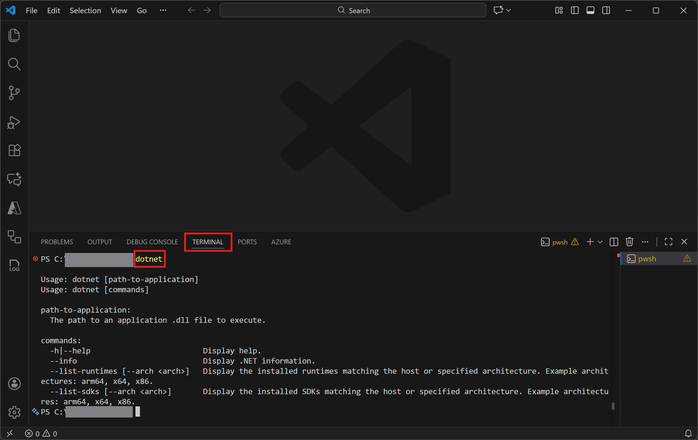 Run dotnet command in VS Code Terminal