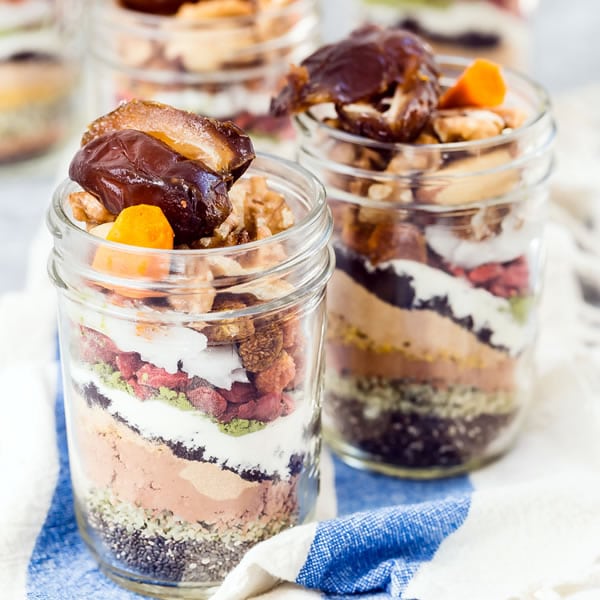 Pint jars filled with smoothie ingredients