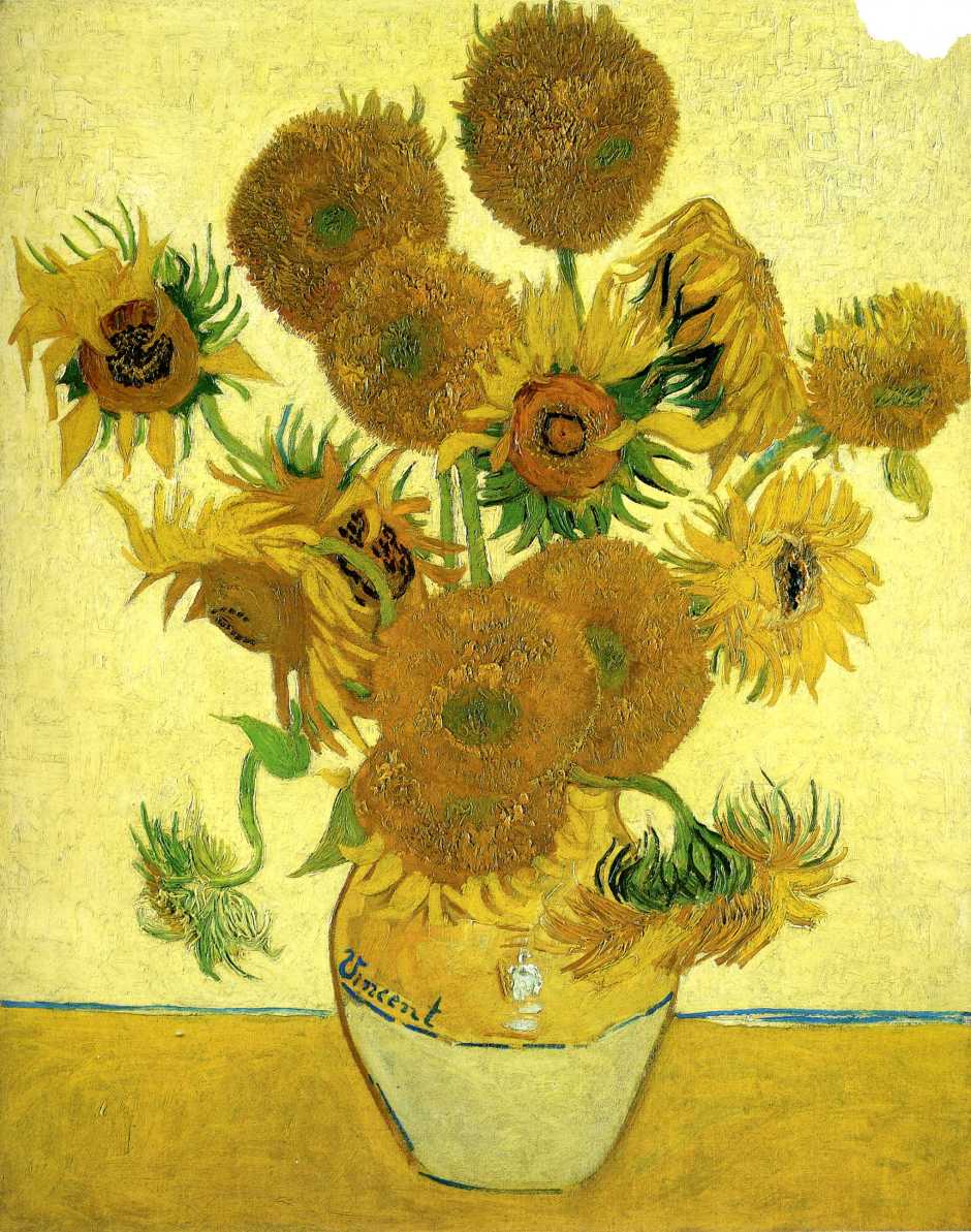 Vincent van Gogh, Still Life: Vase with 15 Sunflowers (1888), oil on canvas, 93 x 73 cm, The National Gallery, London. WikiArt.