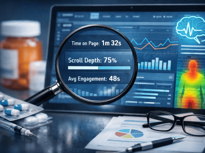 A magnifying glass highlights attention metrics like scroll depth and engagement time on a digital dashboard, surrounded by medical elements like pills and a syringe.