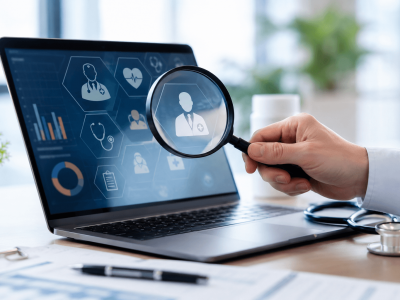 Healthcare marketer reviewing programmatic healthcare inventory data on a laptop screen with audience targeting and medical publisher analytics displayed.